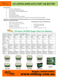 Milbay LiFePO4 Automotive battery list